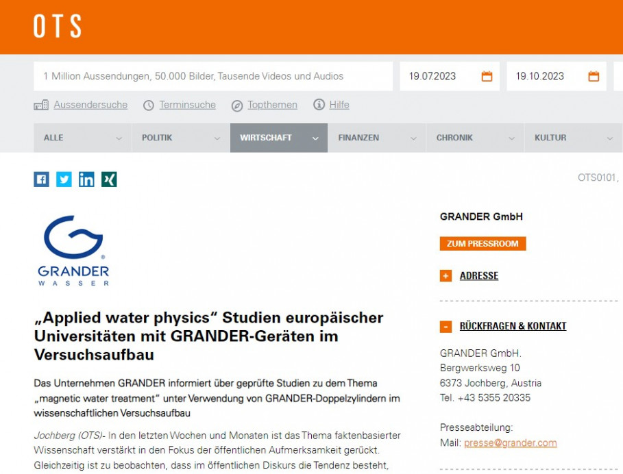 &quot;Applied water physics“ Studien europäischer Universitäten mit GRANDER-Geräten im Versuchsaufbau